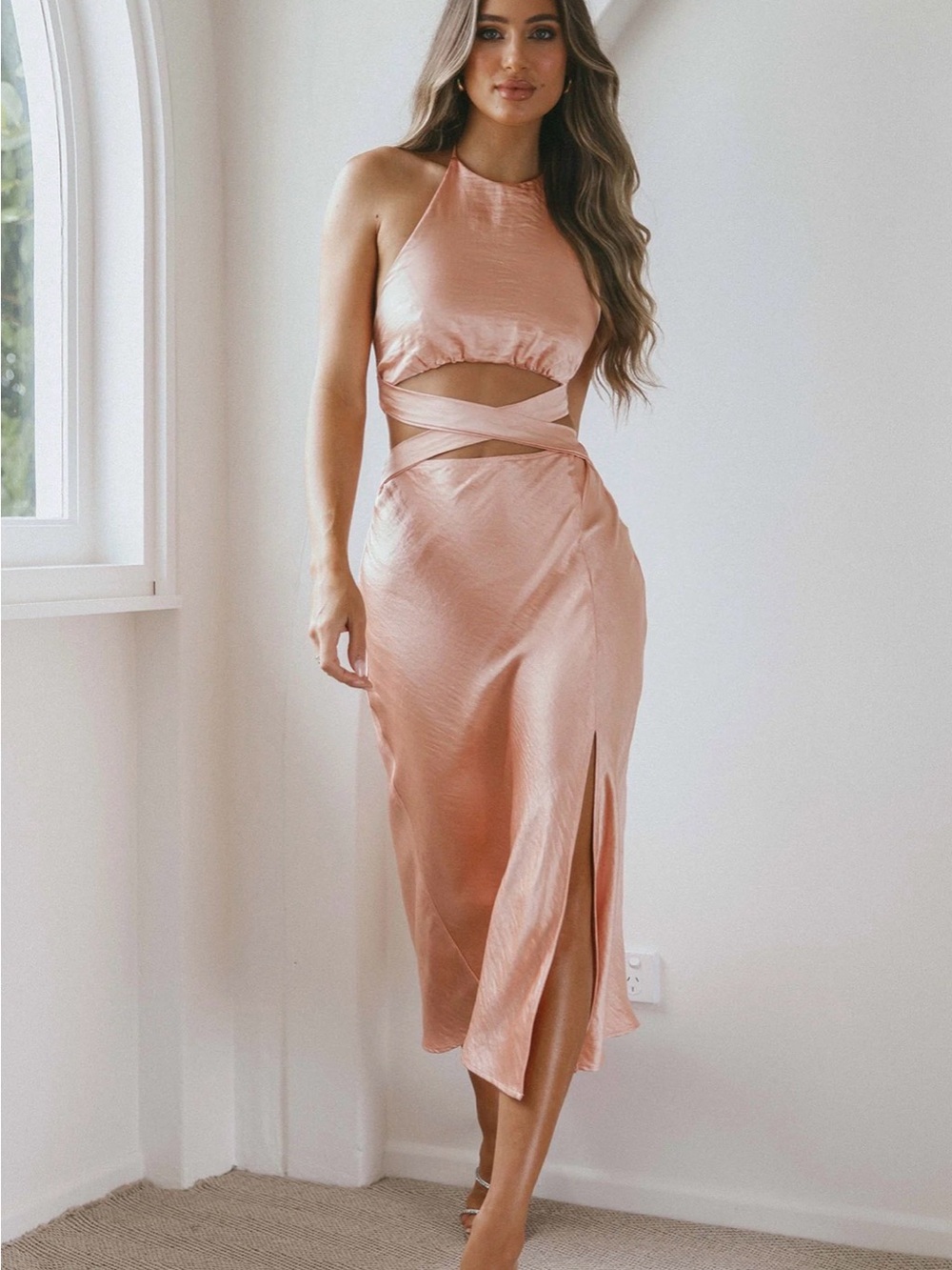Selfie Leslie Peach Satin Midi Dress with Cutout & Wrap Detail